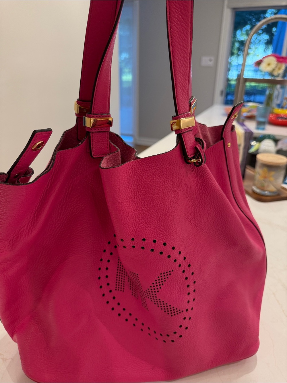 Michael Kors Hot Pink Pebbled Leather Tote with Perforated MK Logo